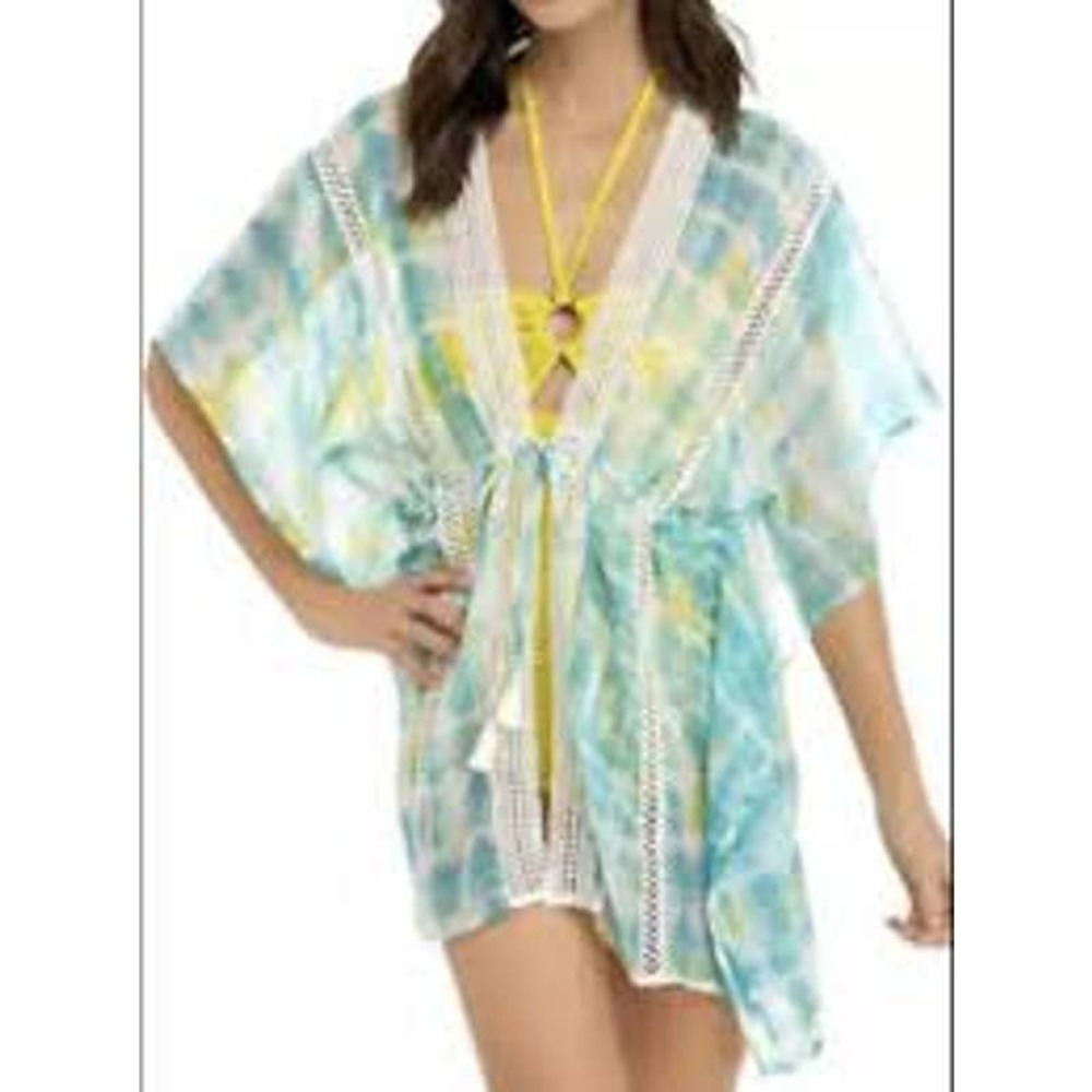 Steve Madden Blue and yellow tassel tie front swim coverup